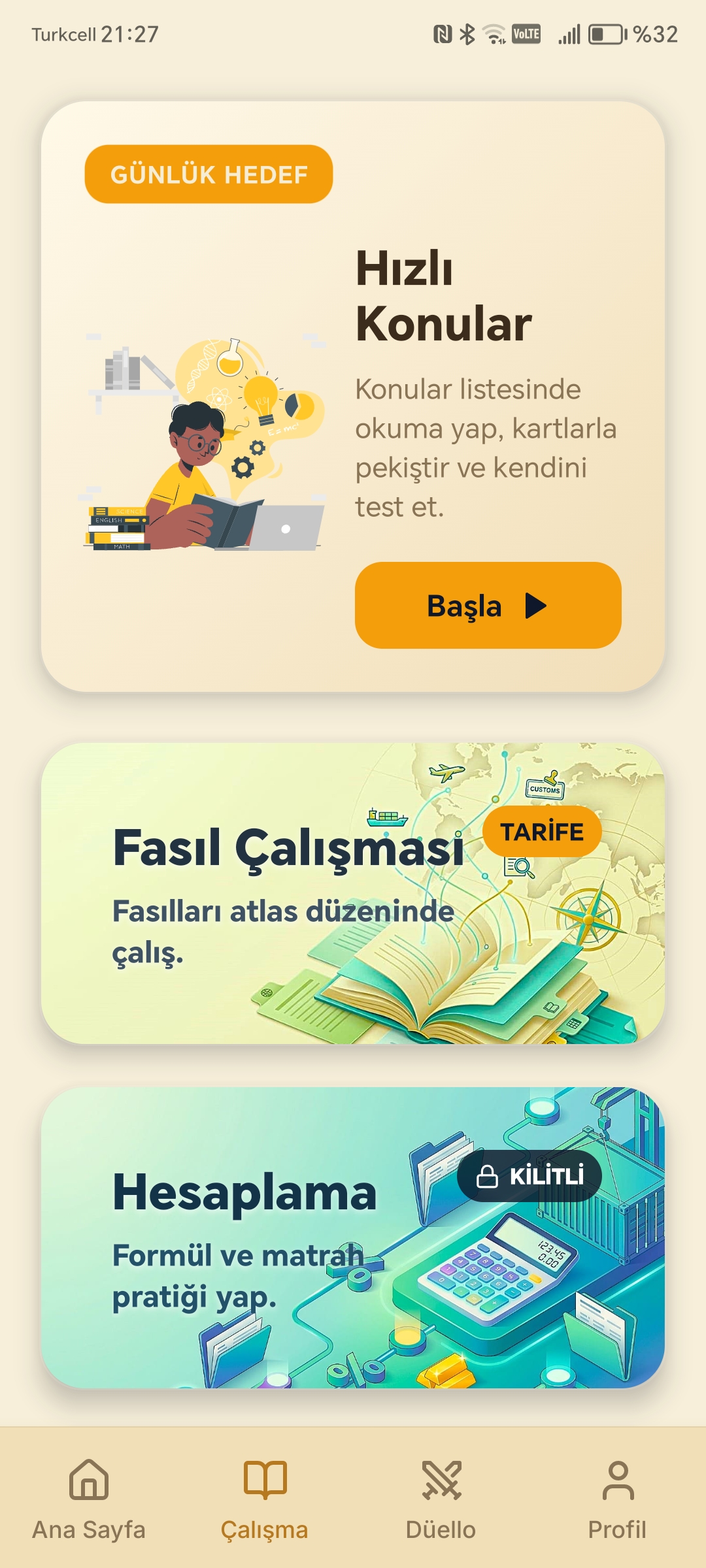 Gümrük Mevzuatı test ekranı